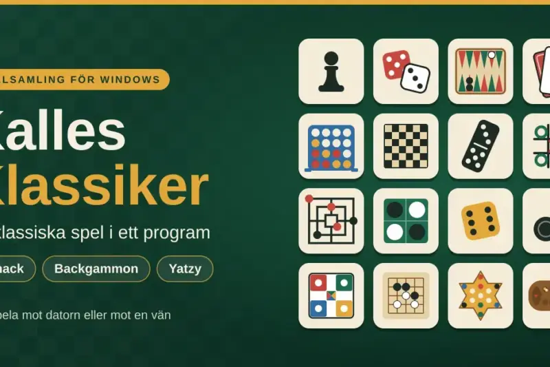 Grafik för spelsamlingen Kalles Klassiker med texten "16 klassiska spel i ett program" bredvid ett rutnät med 16 ikoner för klassiska spel som schack, tärningar, backgammon, kort, domino och luffarschack.