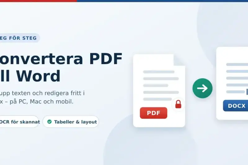 Illustration som visar hur en låst PDF-fil konverteras till ett redigerbart Word-dokument i .docx-format.