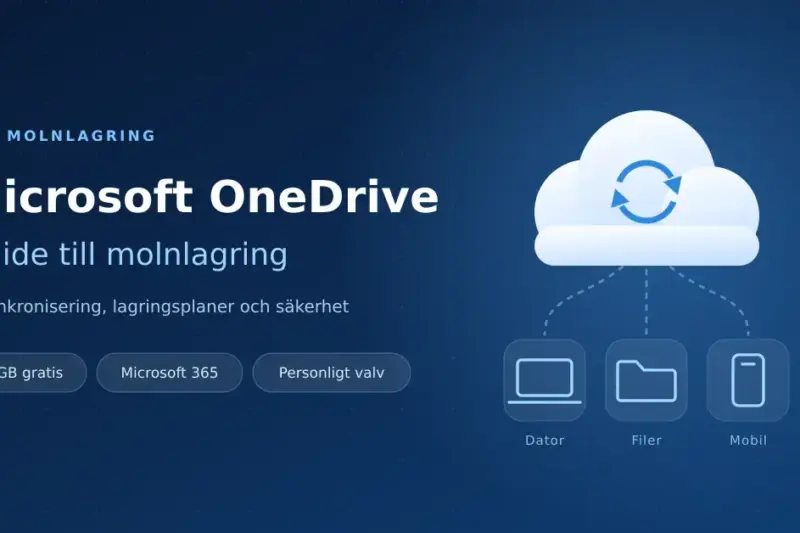 Illustration av molnlagring med ett moln, synkroniseringspilar och ikoner för dator, filer och mobil, med texten "Microsoft OneDrive – guide till molnlagring".