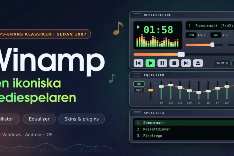 Illustration av en retroinspirerad mediespelare med spektrumanalysator, equalizer och spellista bredvid texten ”Winamp – den ikoniska mediespelaren” mot en mörkblå bakgrund.