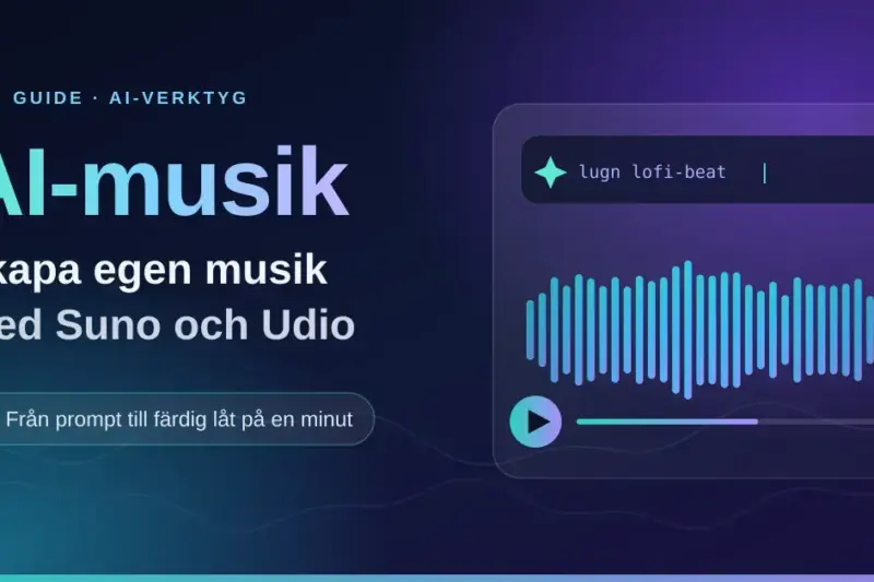 Illustration med rubriken "AI-musik – skapa egen musik med Suno och Udio" bredvid ett gränssnitt som visar en textprompt och en färgglad ljudvågform med uppspelningsknapp.