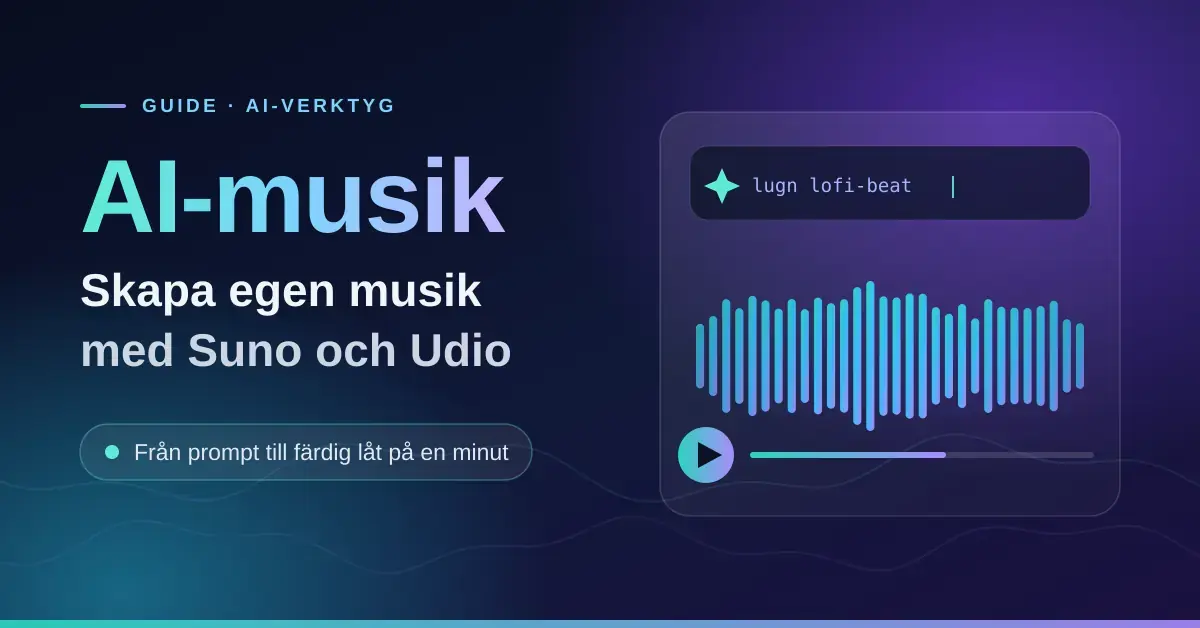 Illustration med rubriken "AI-musik – skapa egen musik med Suno och Udio" bredvid ett gränssnitt som visar en textprompt och en färgglad ljudvågform med uppspelningsknapp.