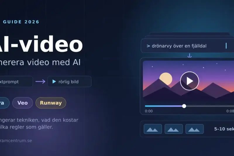 Grafisk illustration med rubriken "AI-video – Generera video med AI", en textprompt som blir ett videoklipp i en spelare med fjällandskap, samt namnen Sora, Veo och Runway.