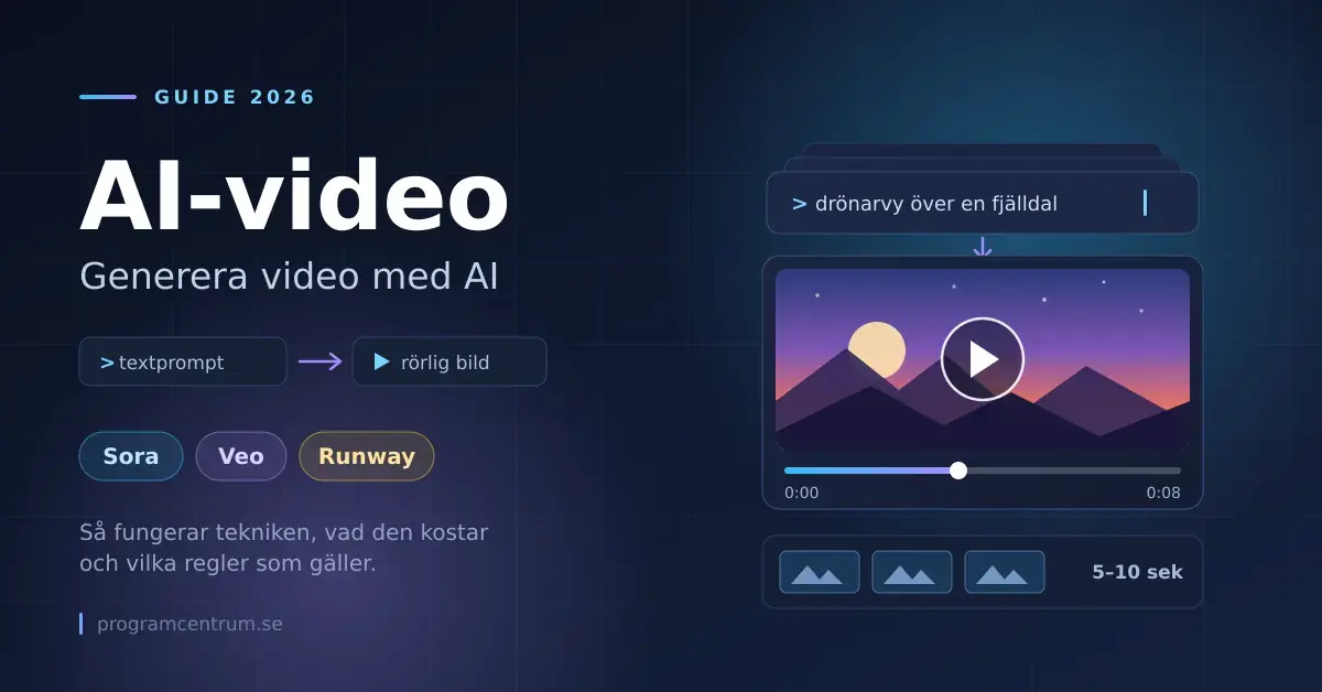 Grafisk illustration med rubriken "AI-video – Generera video med AI", en textprompt som blir ett videoklipp i en spelare med fjällandskap, samt namnen Sora, Veo och Runway.