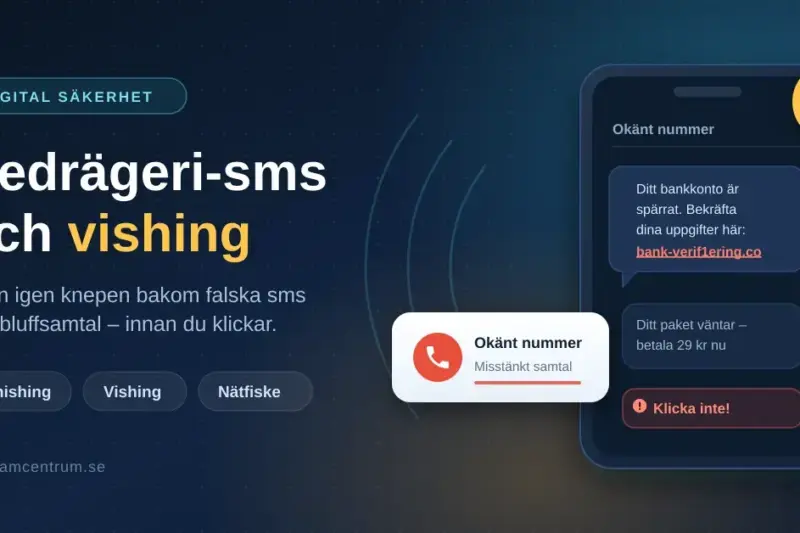 Illustration av en mobiltelefon som visar ett bedrägeri-sms om spärrat bankkonto med en falsk länk, tillsammans med ett inkommande bluffsamtal från okänt nummer och en varningssymbol.