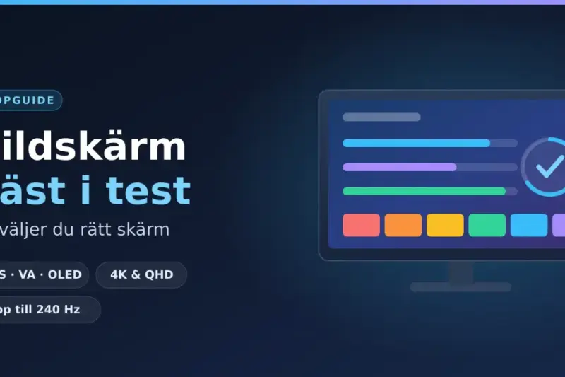 Grafik med rubriken "Bildskärm bäst i test – så väljer du rätt skärm" bredvid en illustrerad datorskärm som visar färgrutor och mätstaplar från ett skärmtest.