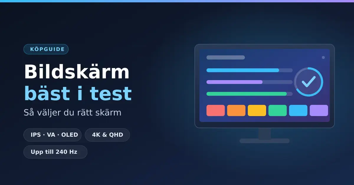Grafik med rubriken "Bildskärm bäst i test – så väljer du rätt skärm" bredvid en illustrerad datorskärm som visar färgrutor och mätstaplar från ett skärmtest.
