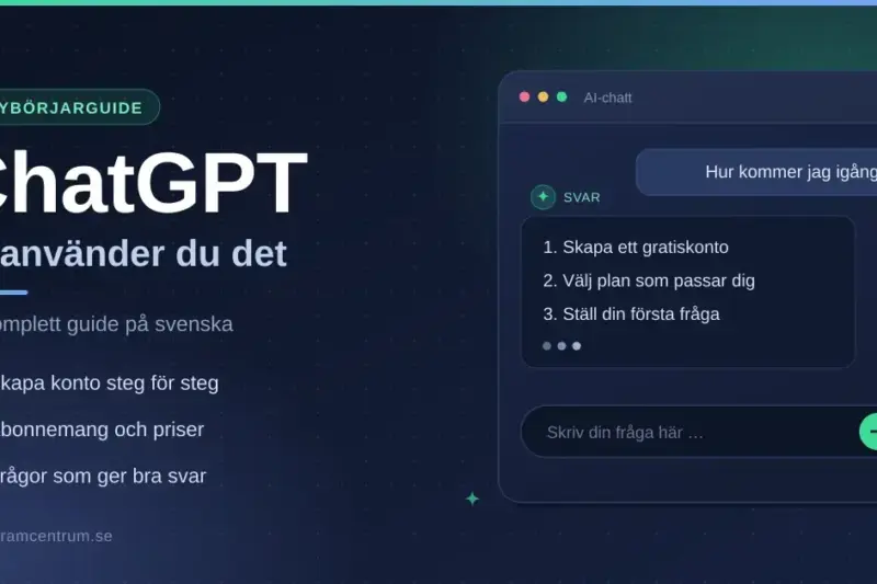 Grafisk bild med rubriken "ChatGPT – så använder du det" bredvid ett illustrerat chattfönster där en fråga besvaras med tre steg för att komma igång.