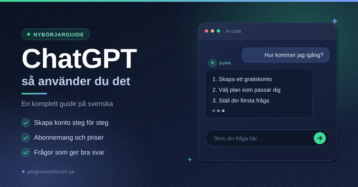 Grafisk bild med rubriken "ChatGPT – så använder du det" bredvid ett illustrerat chattfönster där en fråga besvaras med tre steg för att komma igång.
