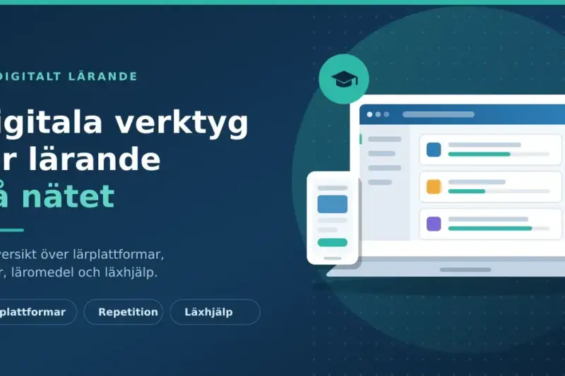 Illustration av en bärbar dator och en mobiltelefon som visar en digital lärplattform med kurser, tillsammans med ikoner för studier, video och läxhjälp, under rubriken "Digitala verktyg för lärande på nätet".