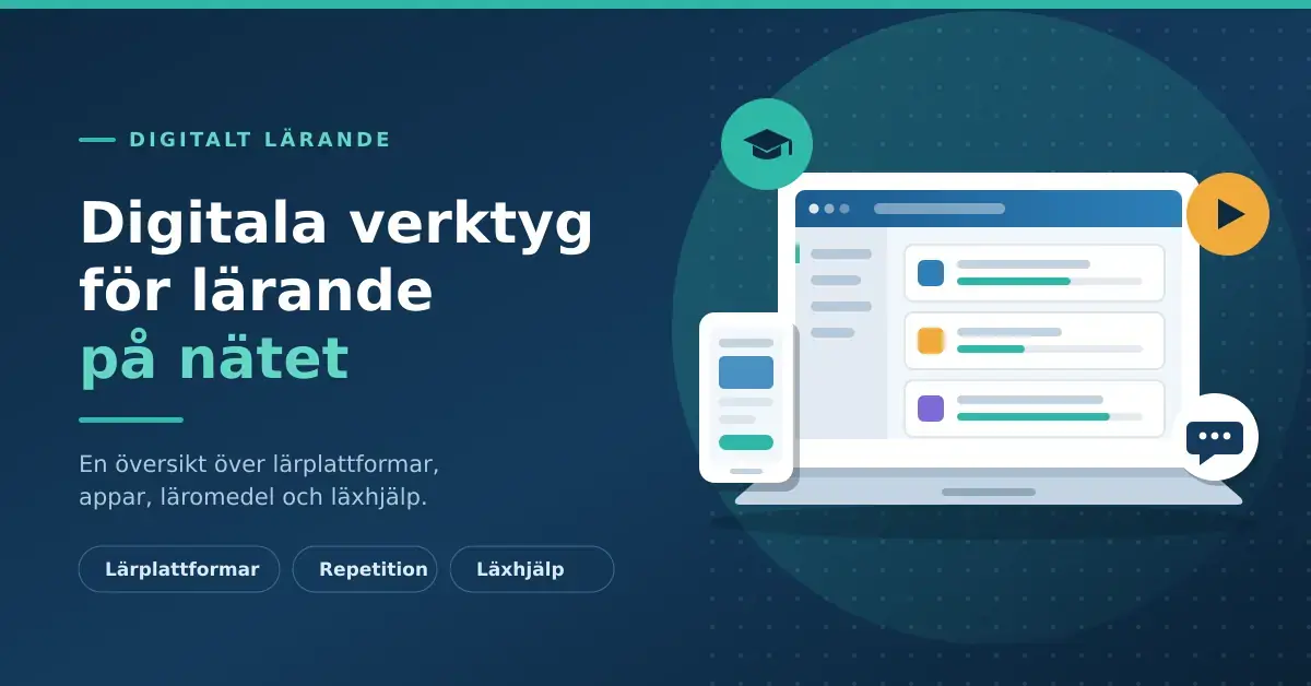 Illustration av en bärbar dator och en mobiltelefon som visar en digital lärplattform med kurser, tillsammans med ikoner för studier, video och läxhjälp, under rubriken "Digitala verktyg för lärande på nätet".
