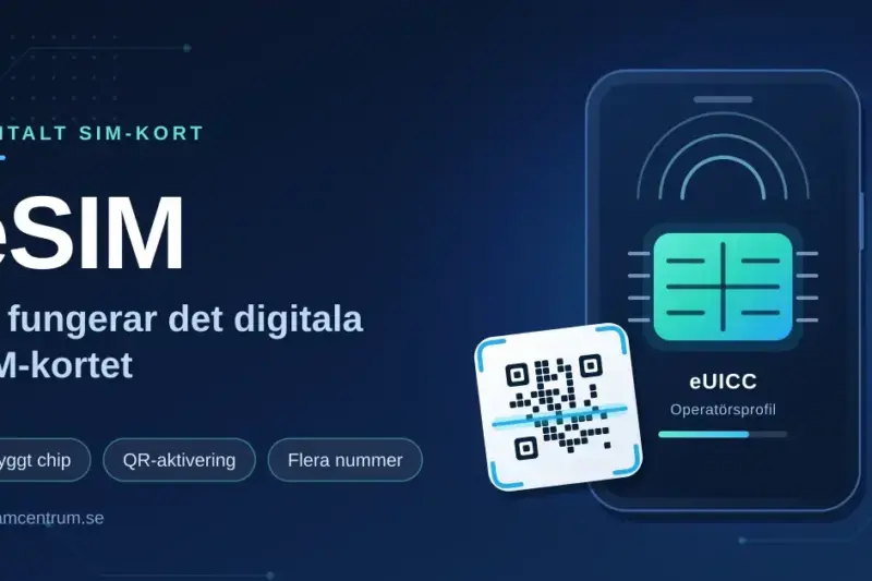 Illustration av eSIM: en smartphone med ett inbyggt eUICC-chip på skärmen bredvid en QR-kod som skannas för att ladda ner operatörens profil.