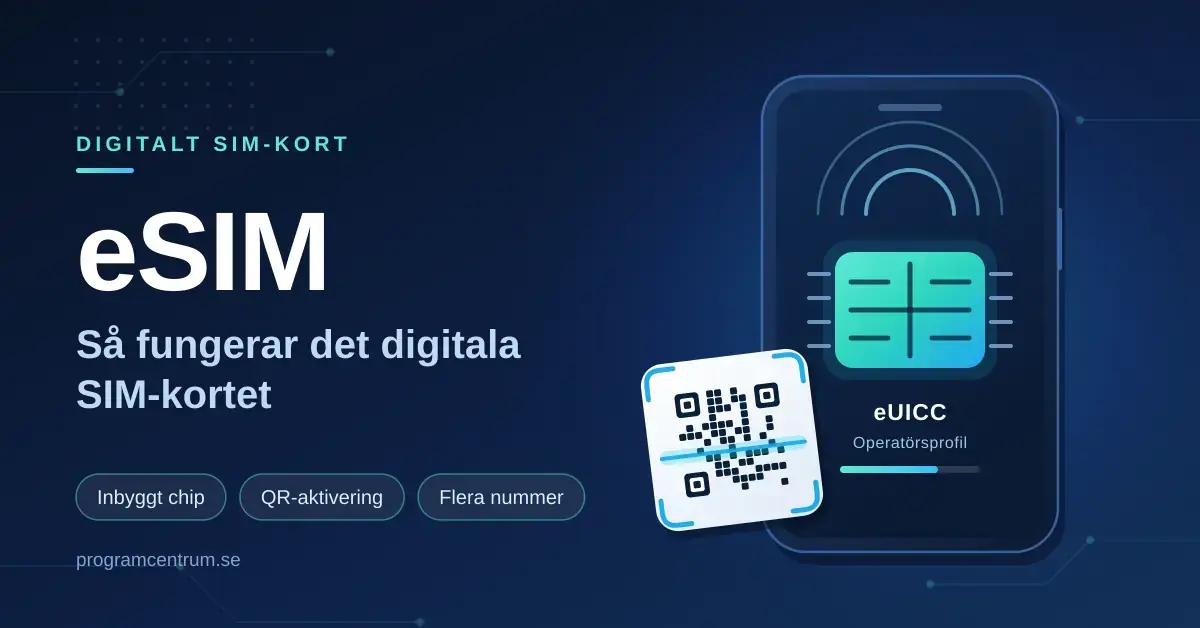 Illustration av eSIM: en smartphone med ett inbyggt eUICC-chip på skärmen bredvid en QR-kod som skannas för att ladda ner operatörens profil.