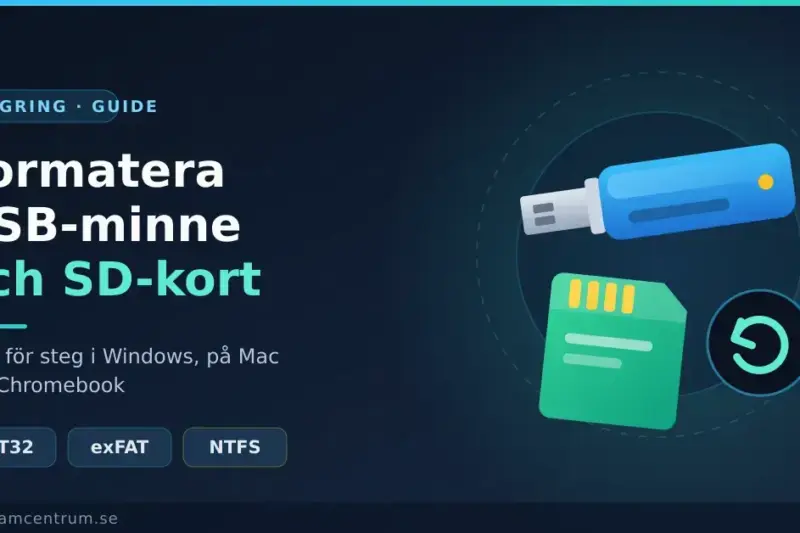 Illustration med ett blått USB-minne och ett grönt SD-kort bredvid texten ”Formatera USB-minne och SD-kort” samt filsystemen FAT32, exFAT och NTFS.