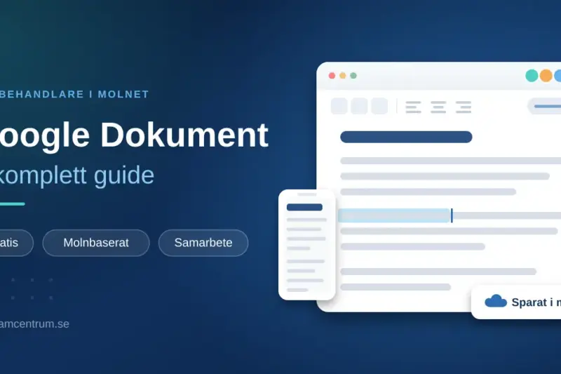 Illustration av ordbehandlaren Google Dokument med rubriken "Google Dokument – komplett guide", ett dokumentfönster på skärm och mobil samt en notis om att dokumentet sparas automatiskt i molnet.