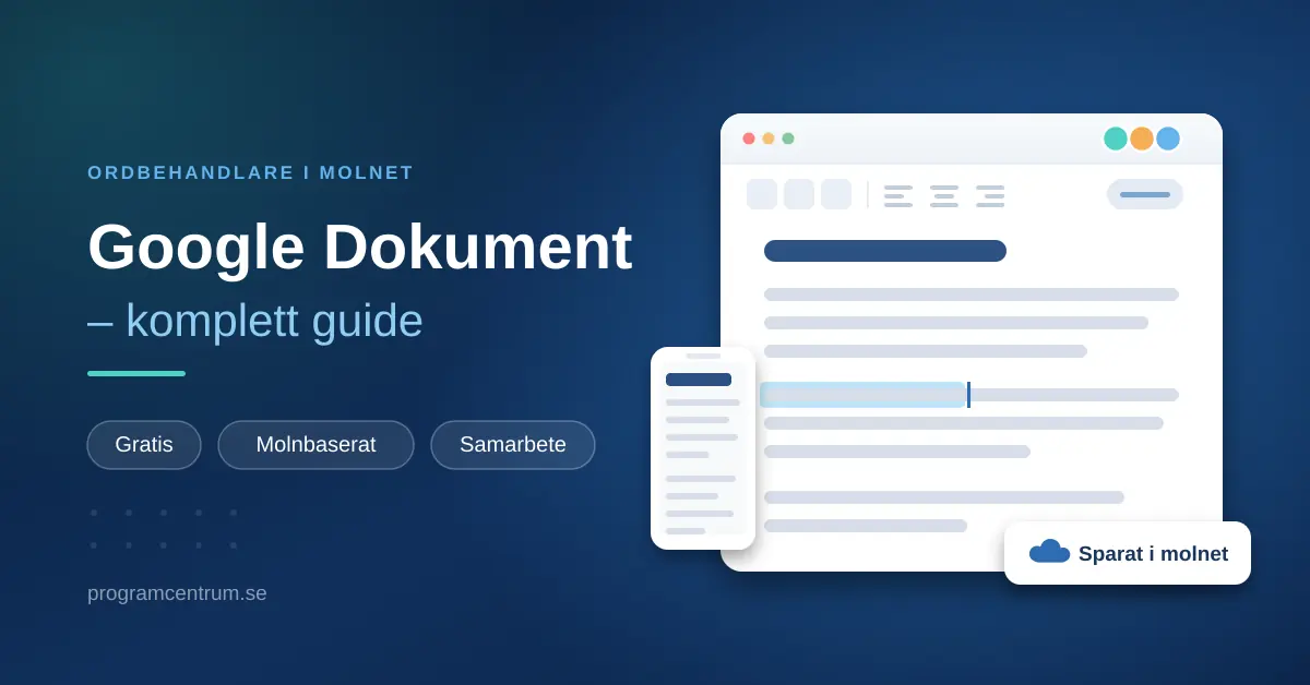 Illustration av ordbehandlaren Google Dokument med rubriken "Google Dokument – komplett guide", ett dokumentfönster på skärm och mobil samt en notis om att dokumentet sparas automatiskt i molnet.