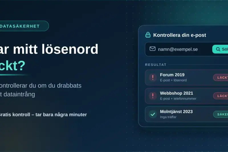Illustration av en digital säkerhetskontroll där en e-postadress söks mot kända dataintrång, med rubriken "Har mitt lösenord läckt?" och resultat märkta som läckta eller säkra.