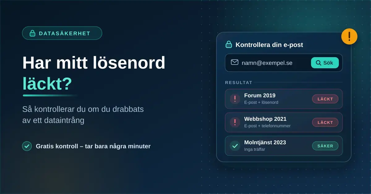 Illustration av en digital säkerhetskontroll där en e-postadress söks mot kända dataintrång, med rubriken "Har mitt lösenord läckt?" och resultat märkta som läckta eller säkra.