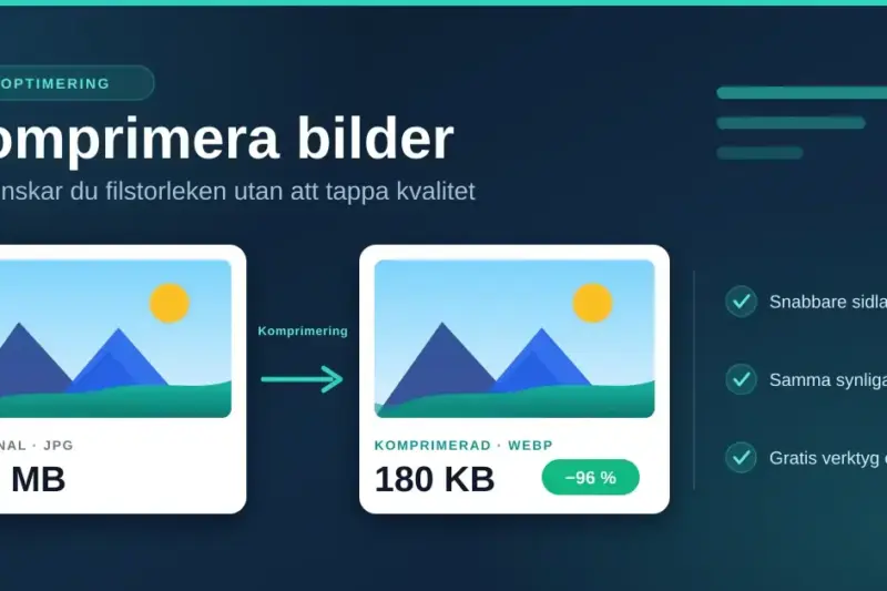 Infografik som visar hur en bildfil på 4,2 MB komprimeras till 180 KB i WebP-format utan synlig kvalitetsförlust.