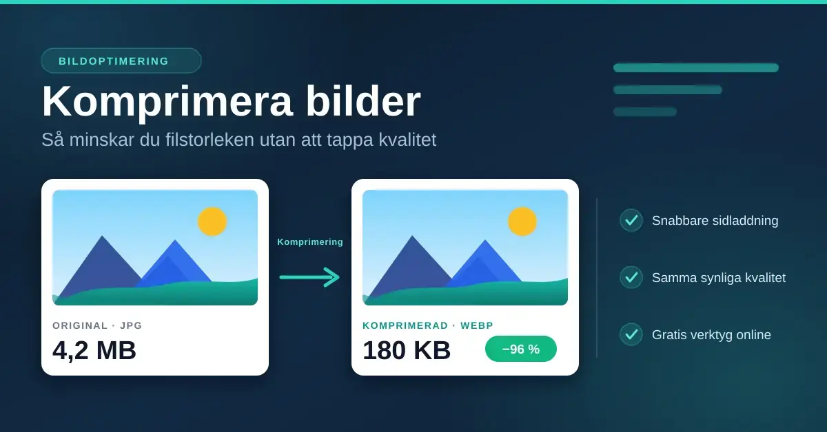 Infografik som visar hur en bildfil på 4,2 MB komprimeras till 180 KB i WebP-format utan synlig kvalitetsförlust.