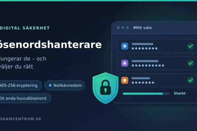 Illustration av en lösenordshanterare: ett digitalt valv med dolda lösenord bakom en sköld med hänglås, märkt AES-256-kryptering och ett enda huvudlösenord.