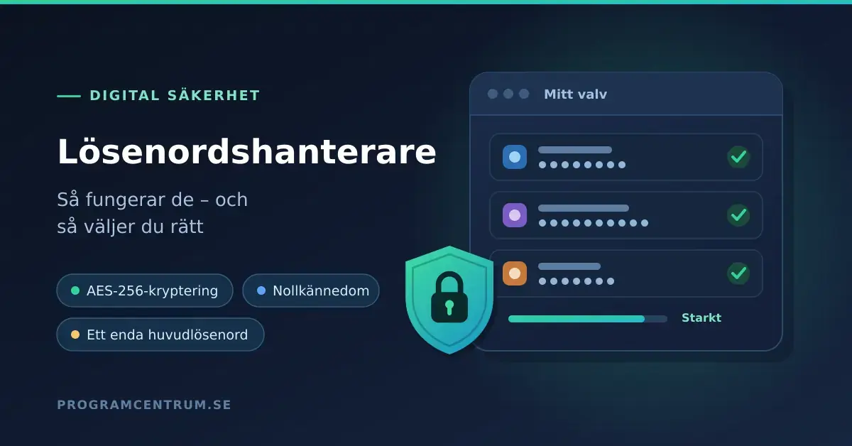 Illustration av en lösenordshanterare: ett digitalt valv med dolda lösenord bakom en sköld med hänglås, märkt AES-256-kryptering och ett enda huvudlösenord.