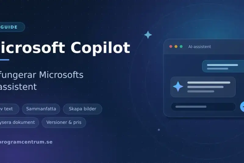 Grafik med rubriken "Microsoft Copilot – så fungerar Microsofts AI-assistent" bredvid ett stiliserat chattfönster med AI-symbol mot mörkblå bakgrund.