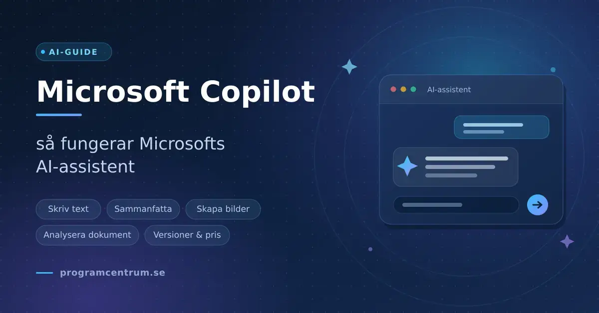 Grafik med rubriken "Microsoft Copilot – så fungerar Microsofts AI-assistent" bredvid ett stiliserat chattfönster med AI-symbol mot mörkblå bakgrund.
