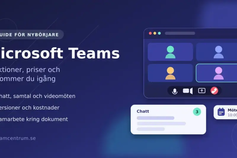 Illustration med rubriken "Microsoft Teams" och texten "Funktioner, priser och så kommer du igång" bredvid ett videomötesfönster med fyra deltagare, en chattruta och en mötespåminnelse.