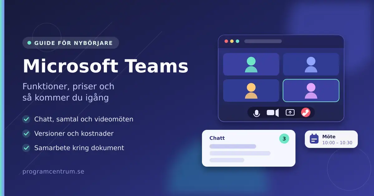 Illustration med rubriken "Microsoft Teams" och texten "Funktioner, priser och så kommer du igång" bredvid ett videomötesfönster med fyra deltagare, en chattruta och en mötespåminnelse.