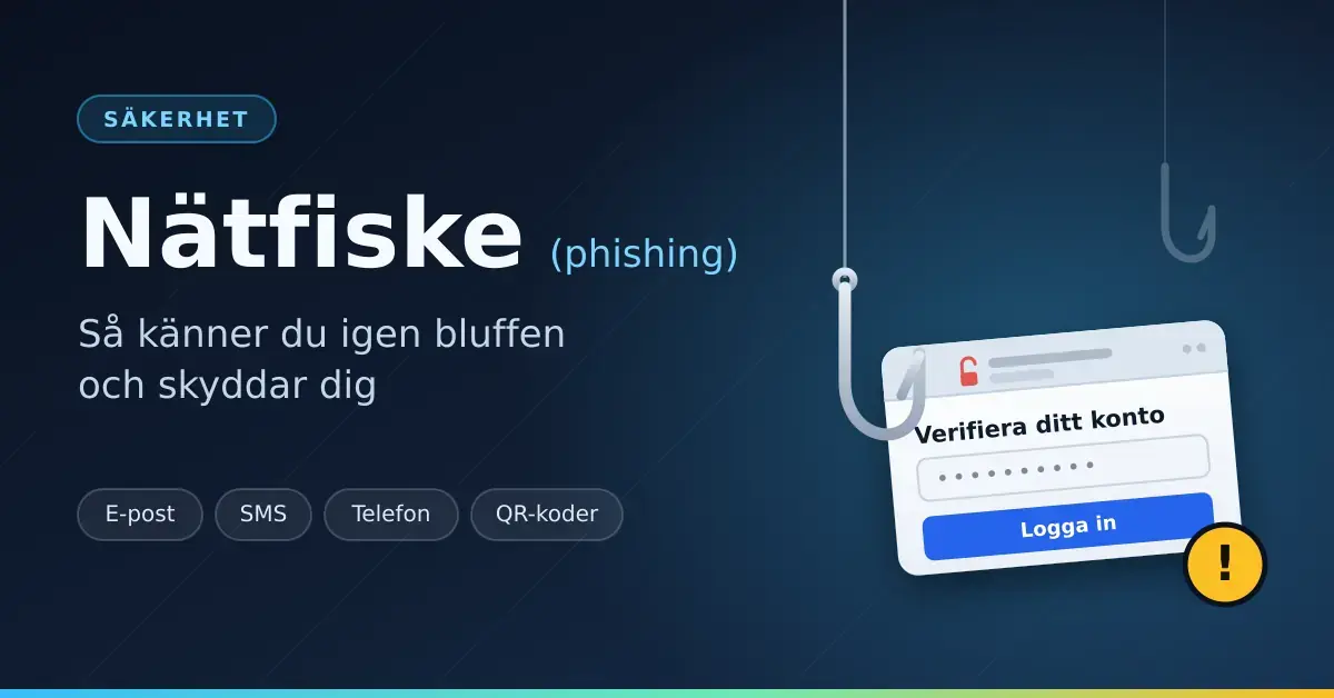 Illustration av nätfiske: en fiskekrok har hakat fast en falsk inloggningsruta med texten "Verifiera ditt konto" och en gul varningssymbol, bredvid rubriken "Nätfiske (phishing)".