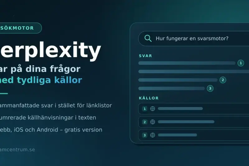 En grafik med rubriken "Perplexity – Svar på dina frågor, med tydliga källor" bredvid en illustrerad söktjänst som visar ett sammanfattat AI-svar med numrerade källhänvisningar.