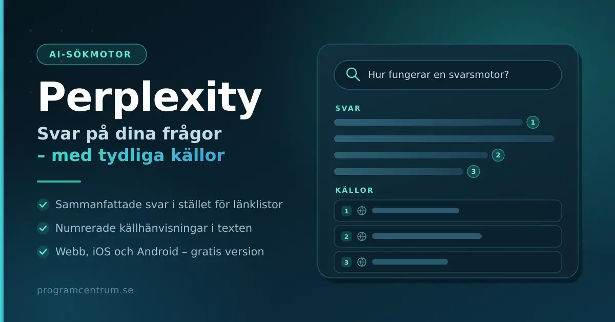 En grafik med rubriken "Perplexity – Svar på dina frågor, med tydliga källor" bredvid en illustrerad söktjänst som visar ett sammanfattat AI-svar med numrerade källhänvisningar.