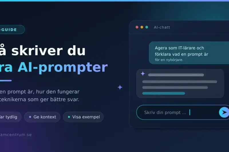 Grafik med rubriken "Så skriver du bra AI-prompter" bredvid ett illustrerat AI-chattfönster där en prompt skrivs in.
