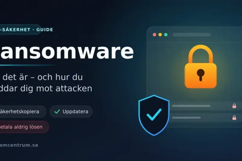 Illustration av ransomware: ett lås över krypterade filer bredvid en skyddssköld, med texten "Ransomware – vad det är och hur du skyddar dig".