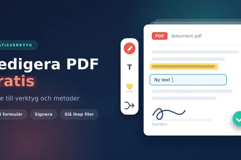 Grafik med texten "Redigera PDF gratis – guide till verktyg och metoder" bredvid ett PDF-dokument med markerad text, ifyllt textfält och signatur samt en verktygsrad med penna, text-, överstryknings- och sammanfogningsverktyg.