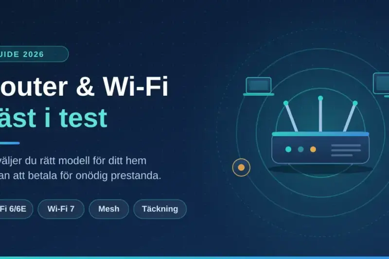 Grafisk illustration av en router med antenner som sprider trådlös wifi-täckning till laptop, tv, mobil och smarta hemprylar, med rubriken ”Router & Wi-Fi bäst i test” och etiketten Guide 2026.