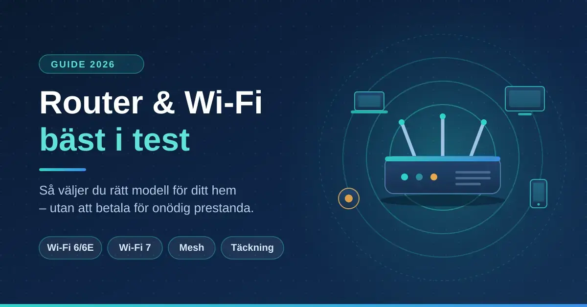 Grafisk illustration av en router med antenner som sprider trådlös wifi-täckning till laptop, tv, mobil och smarta hemprylar, med rubriken ”Router & Wi-Fi bäst i test” och etiketten Guide 2026.