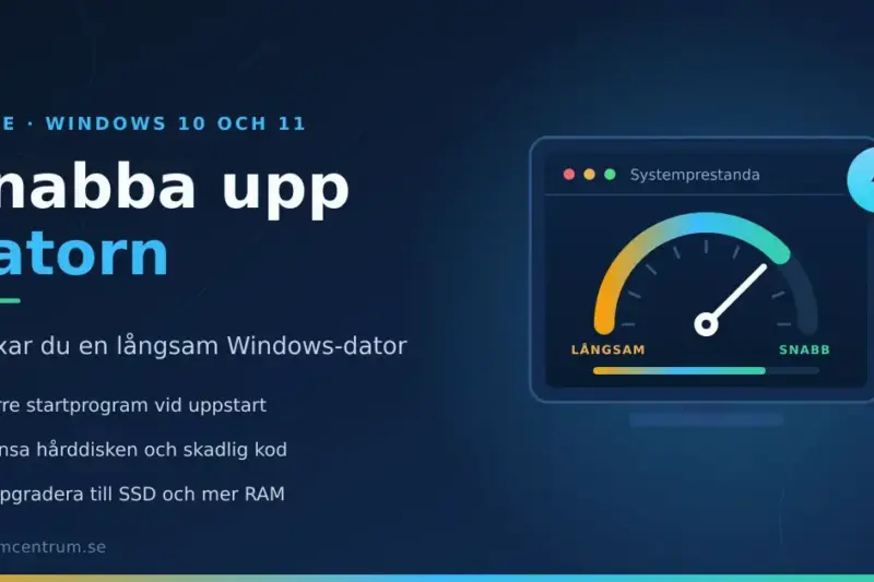 Illustration av en datorskärm med en hastighetsmätare som visar prestanda från långsam till snabb, med rubriken ”Snabba upp datorn” och tips för en snabbare Windows-dator.