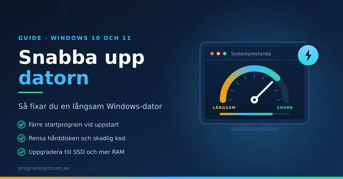Illustration av en datorskärm med en hastighetsmätare som visar prestanda från långsam till snabb, med rubriken ”Snabba upp datorn” och tips för en snabbare Windows-dator.