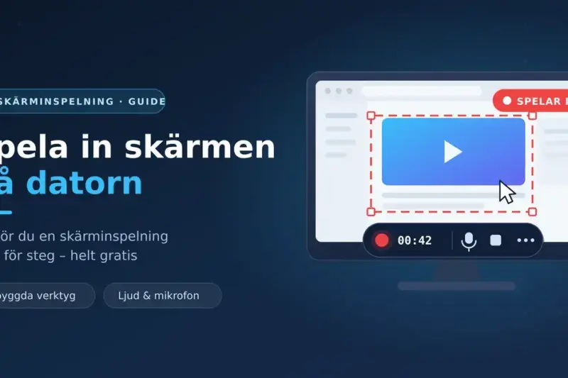 En dator visar en pågående skärminspelning med röd inspelningsruta, inspelningsverktyg och texten "Spela in skärmen på datorn".