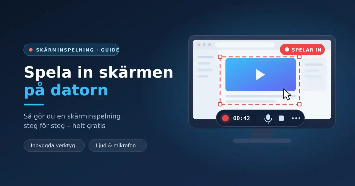 En dator visar en pågående skärminspelning med röd inspelningsruta, inspelningsverktyg och texten "Spela in skärmen på datorn".