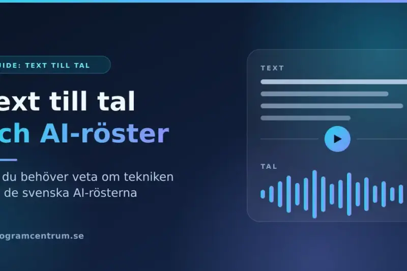 Grafik med rubriken "Text till tal och AI-röster – allt du behöver veta", där textrader omvandlas via en uppspelningsknapp till en blå ljudvågform.