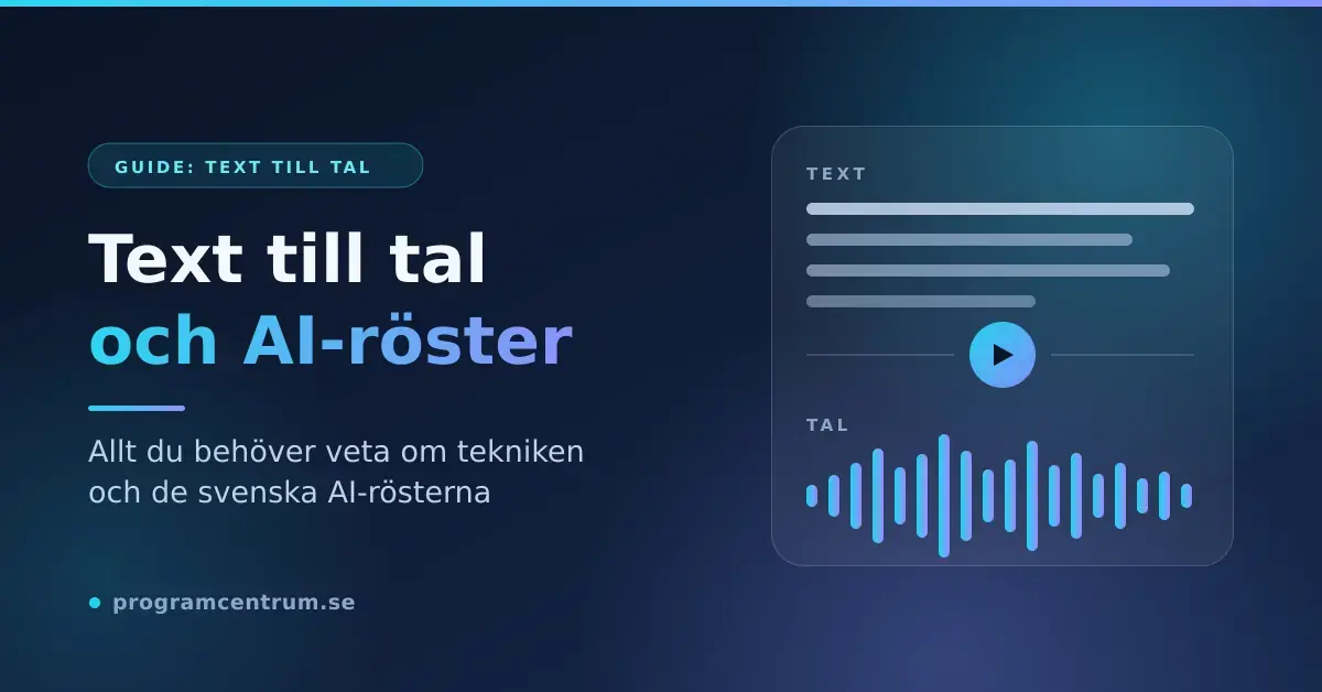Grafik med rubriken "Text till tal och AI-röster – allt du behöver veta", där textrader omvandlas via en uppspelningsknapp till en blå ljudvågform.