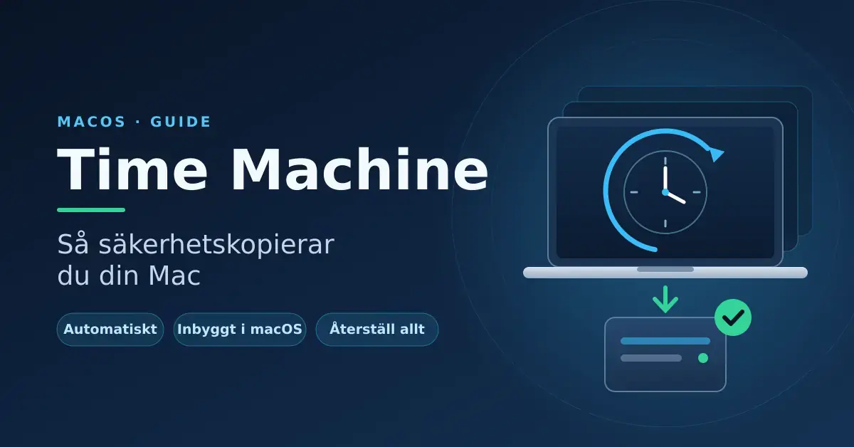 Illustration av Time Machine i macOS: en bärbar Mac med en klocka och en bakåtriktad pil som säkerhetskopierar till en ansluten extern lagringsenhet.