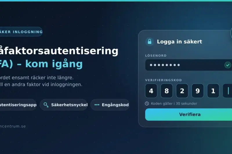 En mörkblå grafik med rubriken "Tvåfaktorsautentisering (2FA) – kom igång" bredvid en inloggningsruta där ett lösenord har godkänts och en sexsiffrig verifieringskod fylls i.