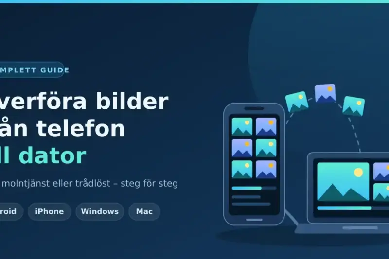 En illustration av en mobiltelefon och en bärbar dator där foton överförs från telefonen till datorn, med texten "Överföra bilder från telefon till dator".