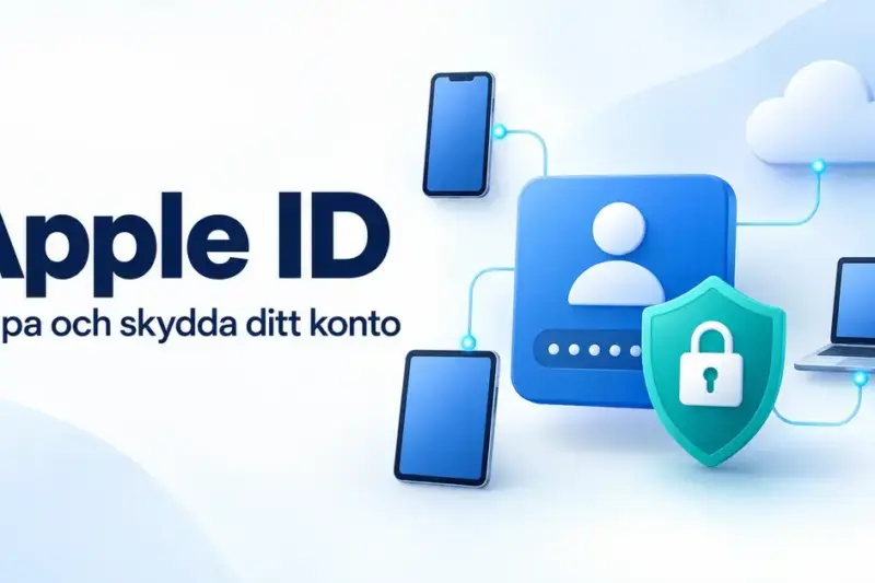 Illustration av ett Apple-konto med en skyddssköld och ett hänglås, anslutet till en mobiltelefon, en surfplatta, en bärbar dator och molnet.
