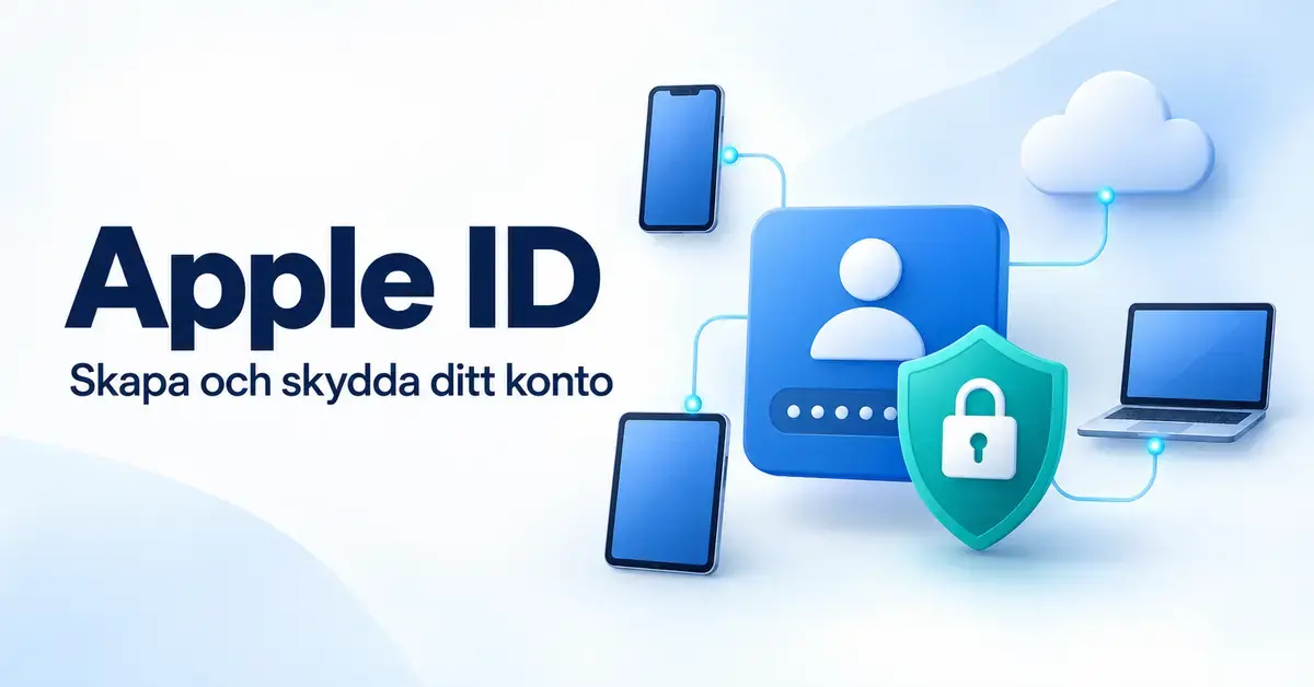 Illustration av ett Apple-konto med en skyddssköld och ett hänglås, anslutet till en mobiltelefon, en surfplatta, en bärbar dator och molnet.