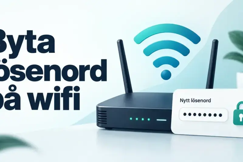 Illustration av en wifi-router, en wifi-symbol och ett lösenordsfält med hänglås intill texten ”Byta lösenord på wifi”.
